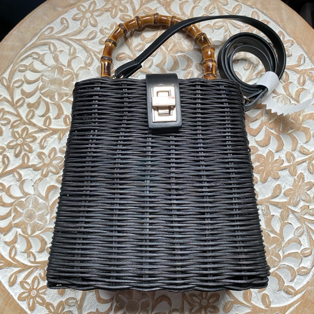 New Zara Black Woven Bamboo-Handle Bag